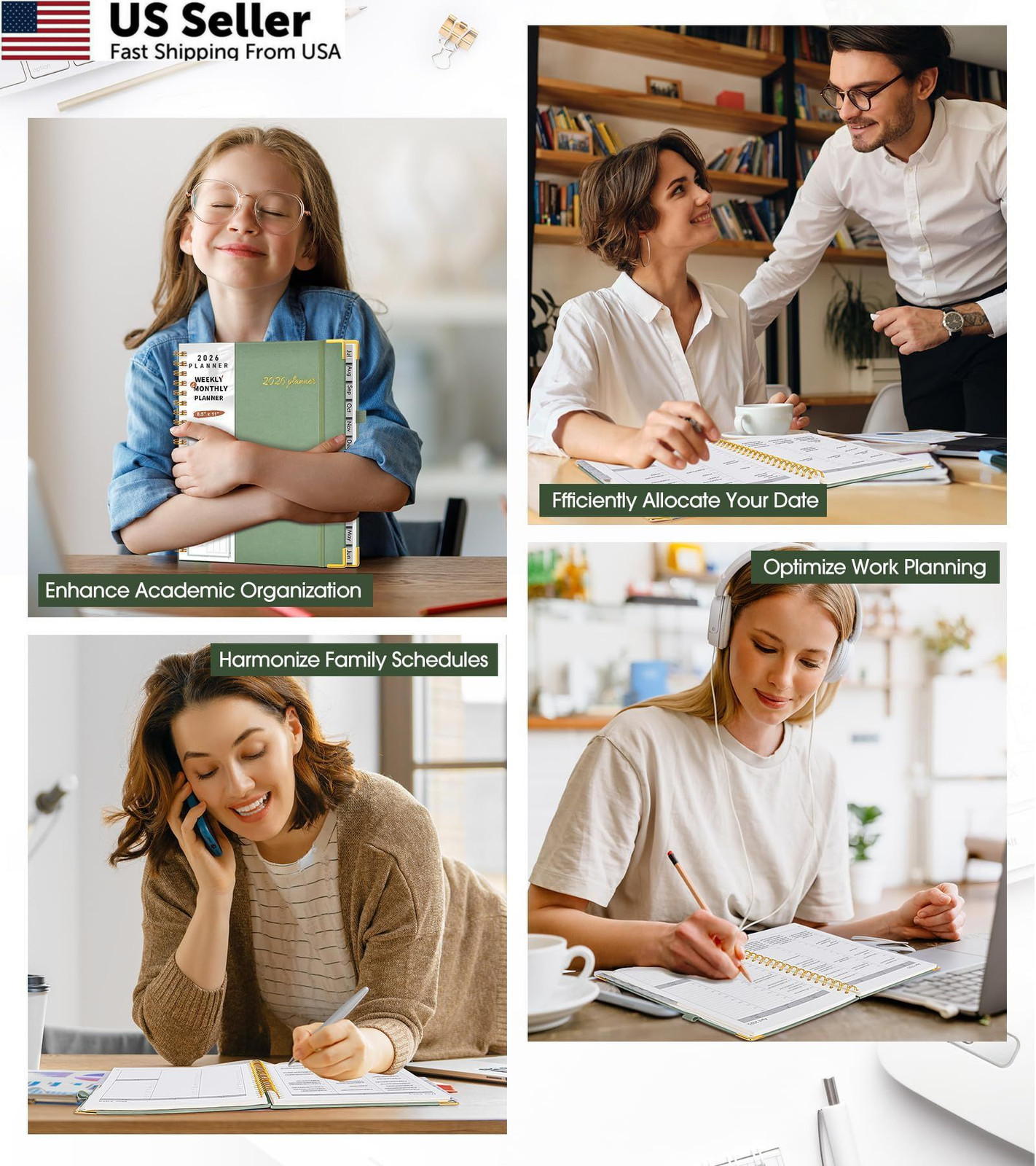 2026 Planner, Weekly and Monthly Calendar A4 (Jan 2026 – Dec 2026), Green