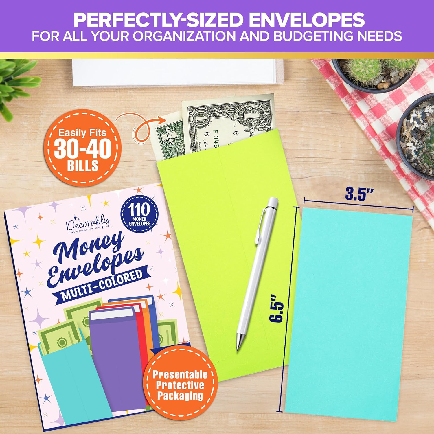 110 Pack Colorful Money Envelopes for Cash with Double-Sided Tape, 3.5×6.5in Col