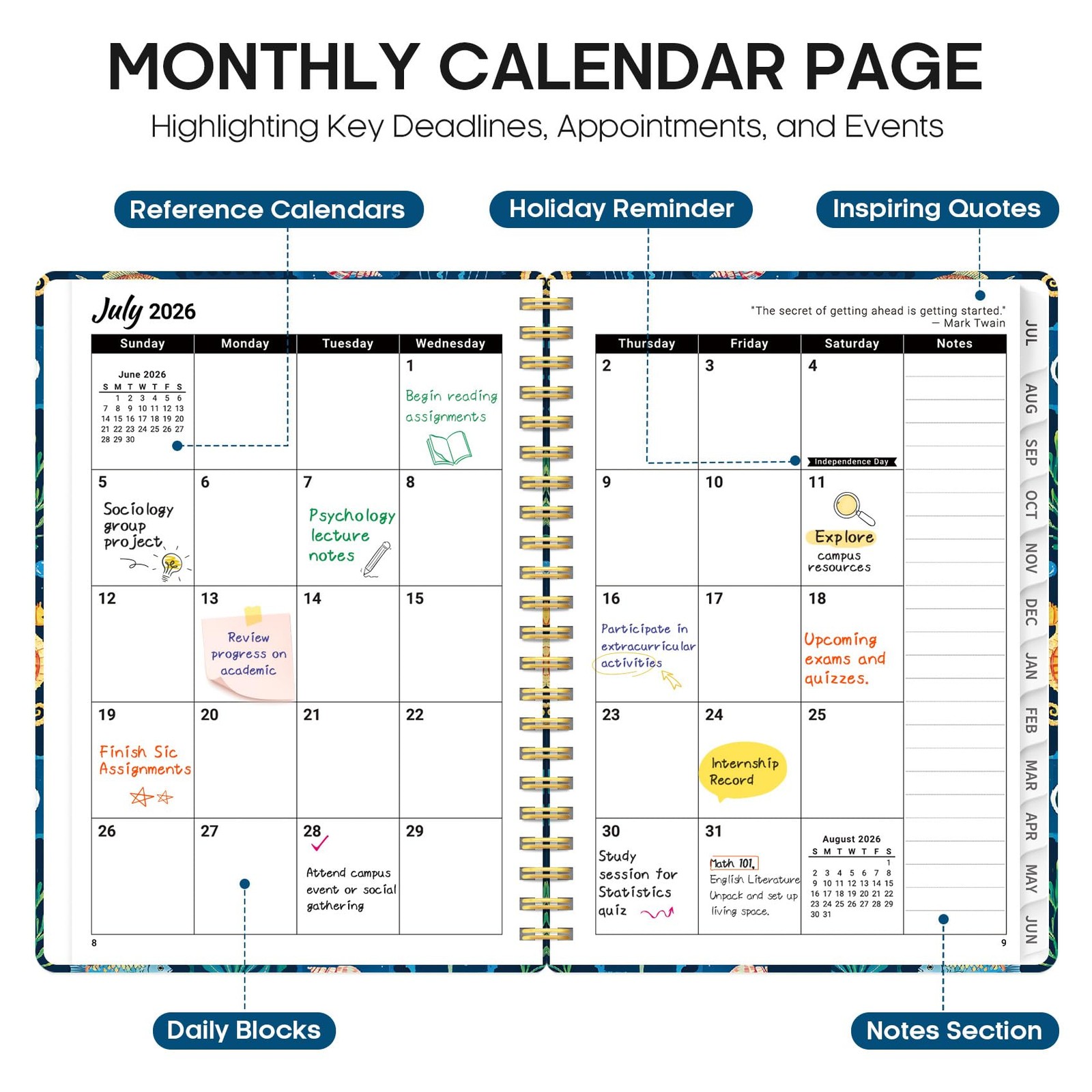 Planner 2026–2027 Academic Book, Weekly and (6.3″x8.5″)a5, T-Ocean Stamps