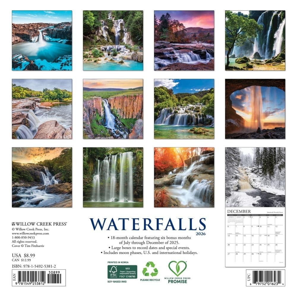 Willow Creek Press, Waterfalls 2026 Mini Wall Calendar, 7” X 7”, Multi