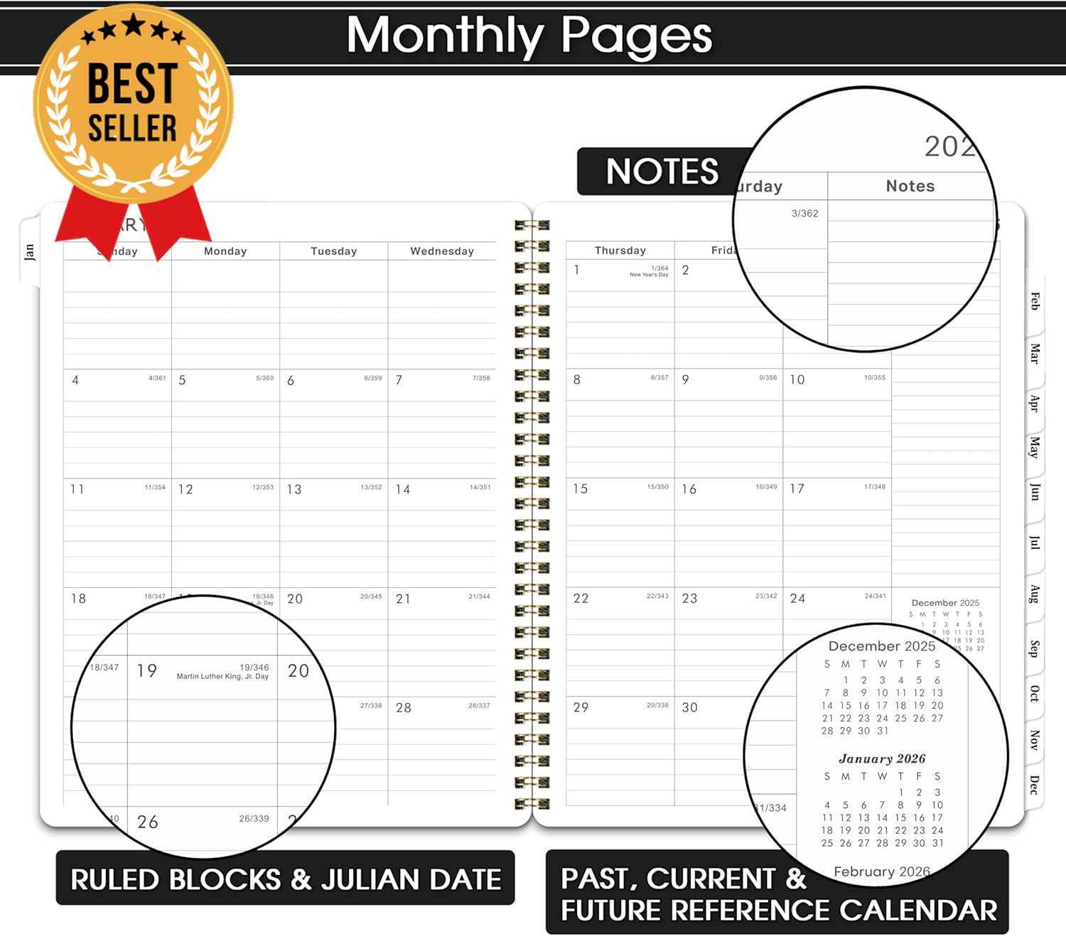 2026 Planner Calendar 8×10 Weekly Monthly Tabs Twin-Wire Binding Black Cover