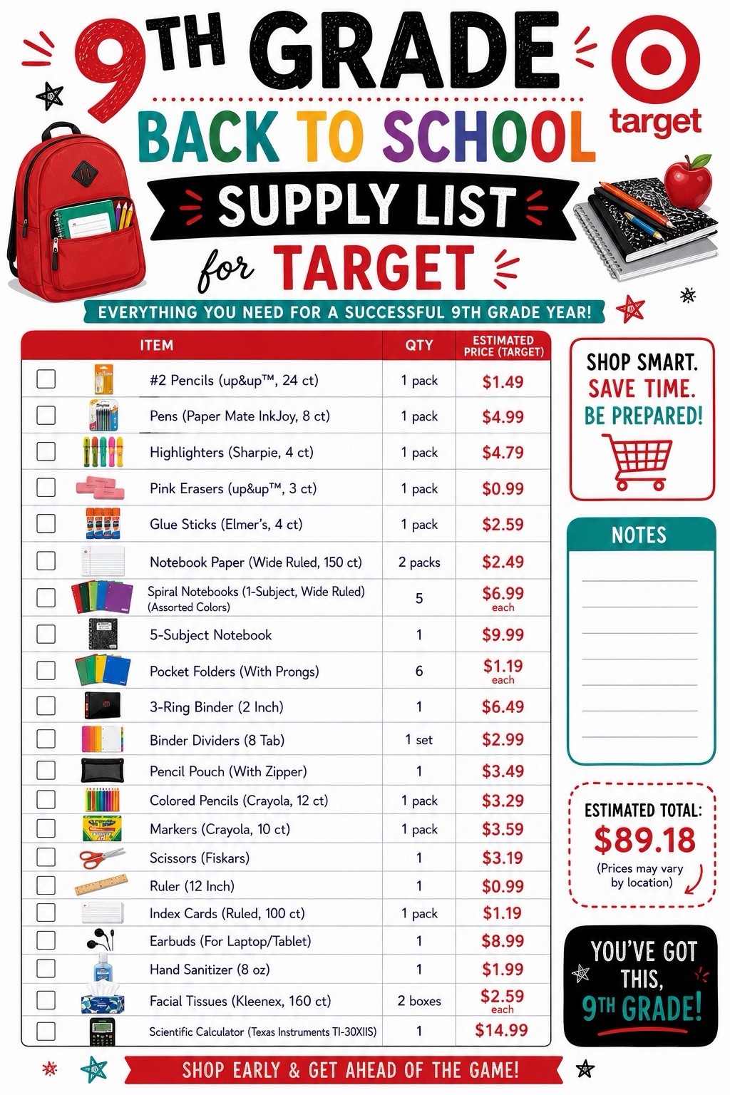 9th Grade Back to School Supply List Target Printable PDF with Prices 2026