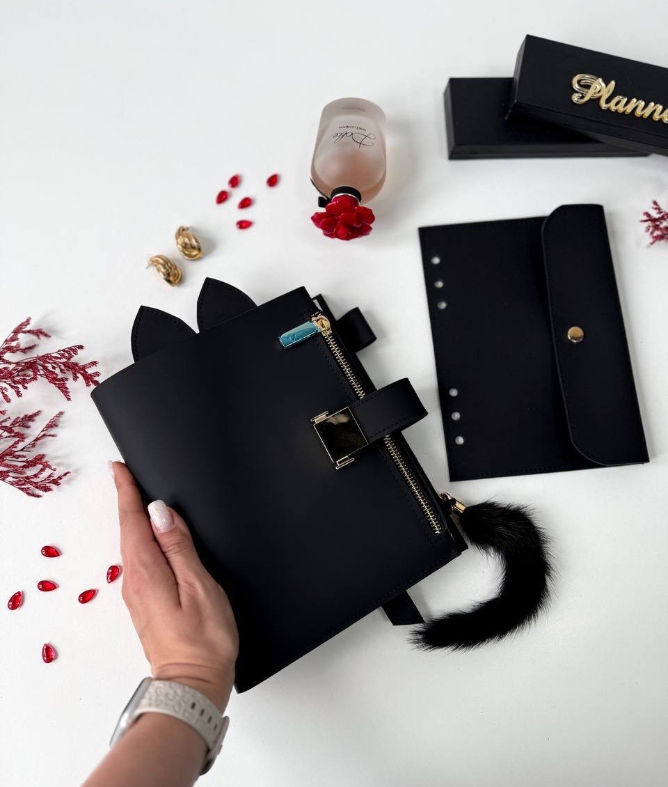 Cat Leather notebook cover A5 big binder 6 rings. Leather planner binder A5.