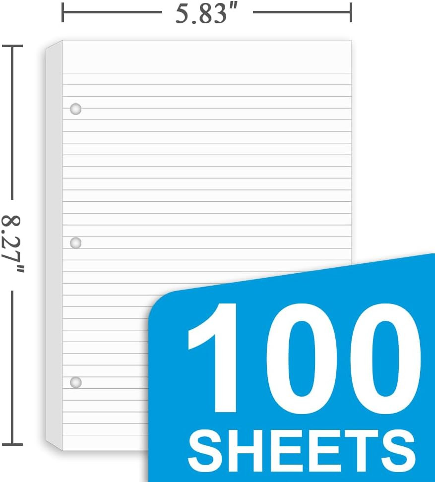 Half Letter Lined Paper 3Hole Punched 5.8×8.2Inch 100 Sheets Binder 3 PCS