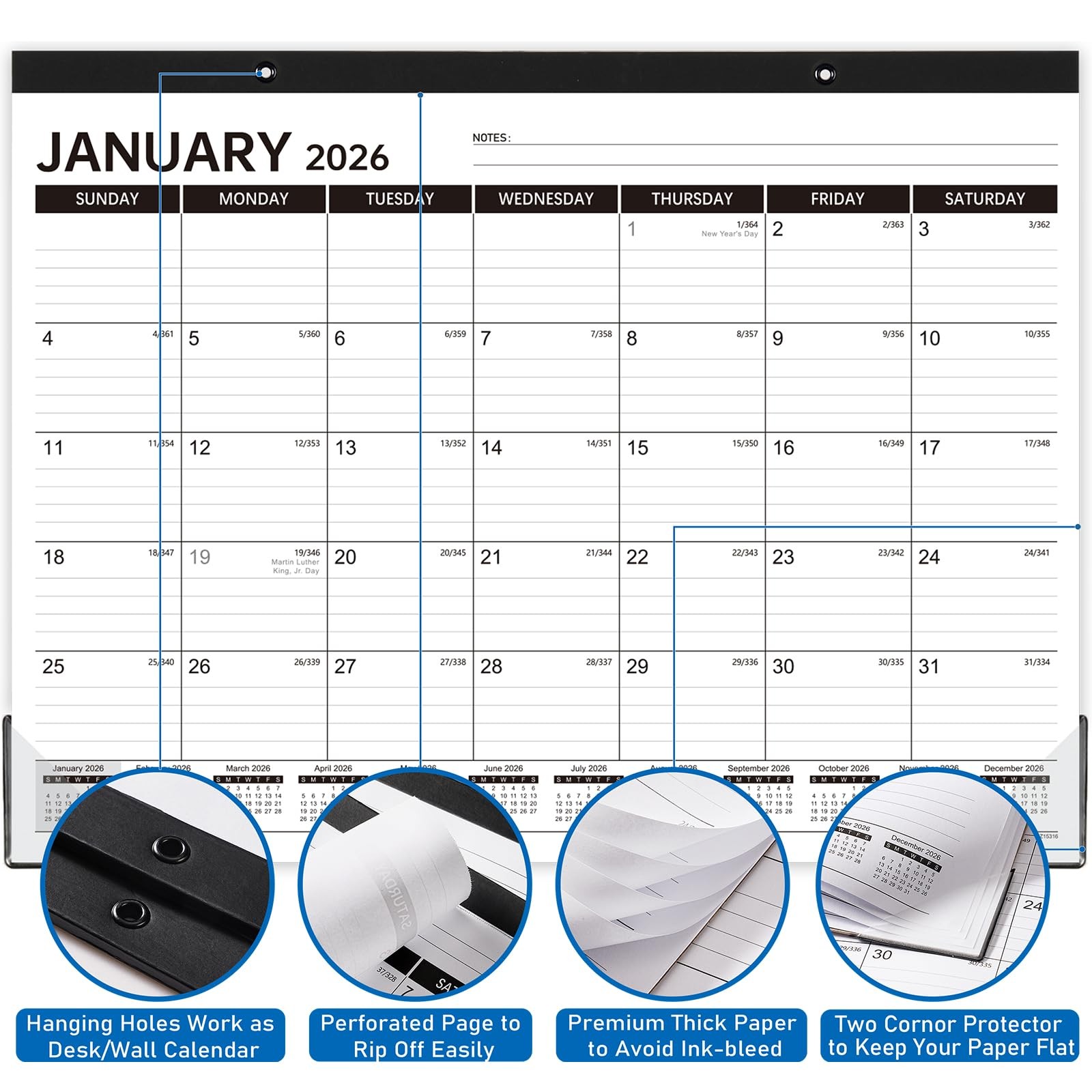 2026 Desk Calendar – 2026 from January to December 2026, Large White