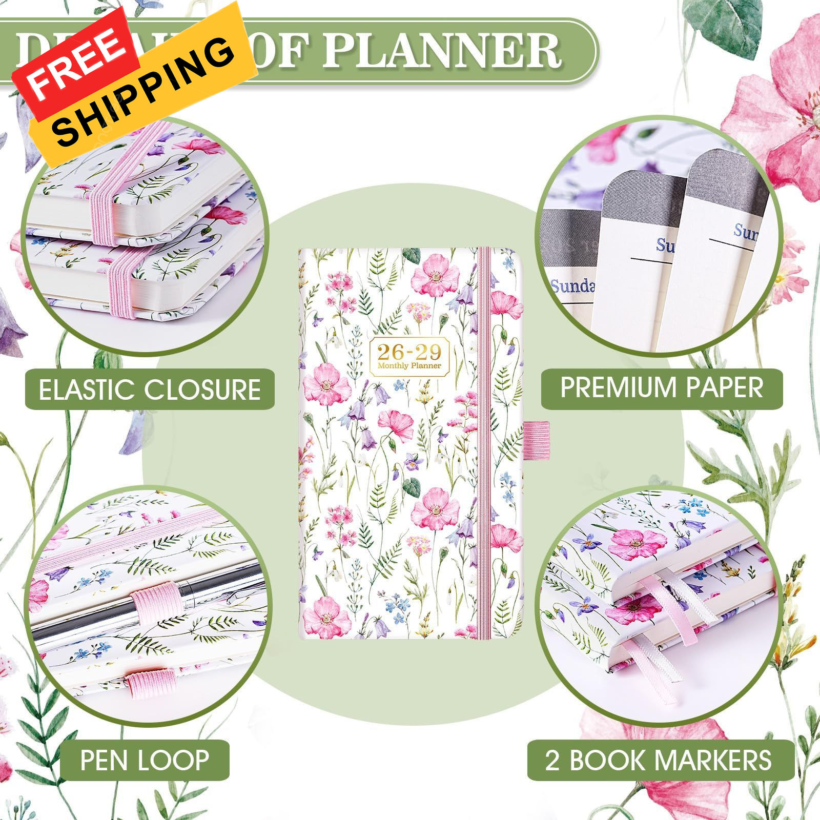 Pocket Calendar 2026-2029 – 3 Year 6.4 inches x 3.8 inches, Pink Flower