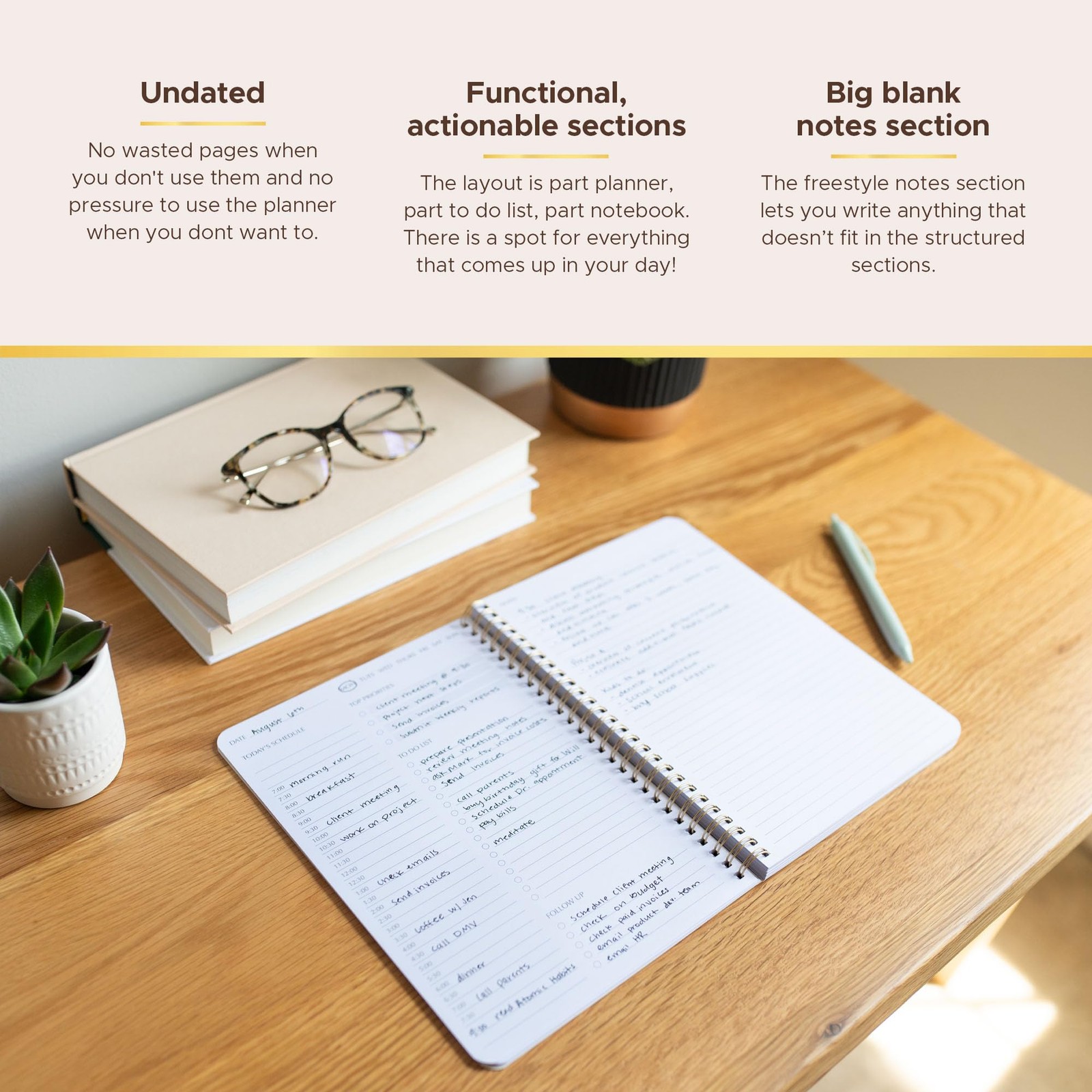 Simple Daily Planner Undated with Hourly Schedule – Planner, Sage Green
