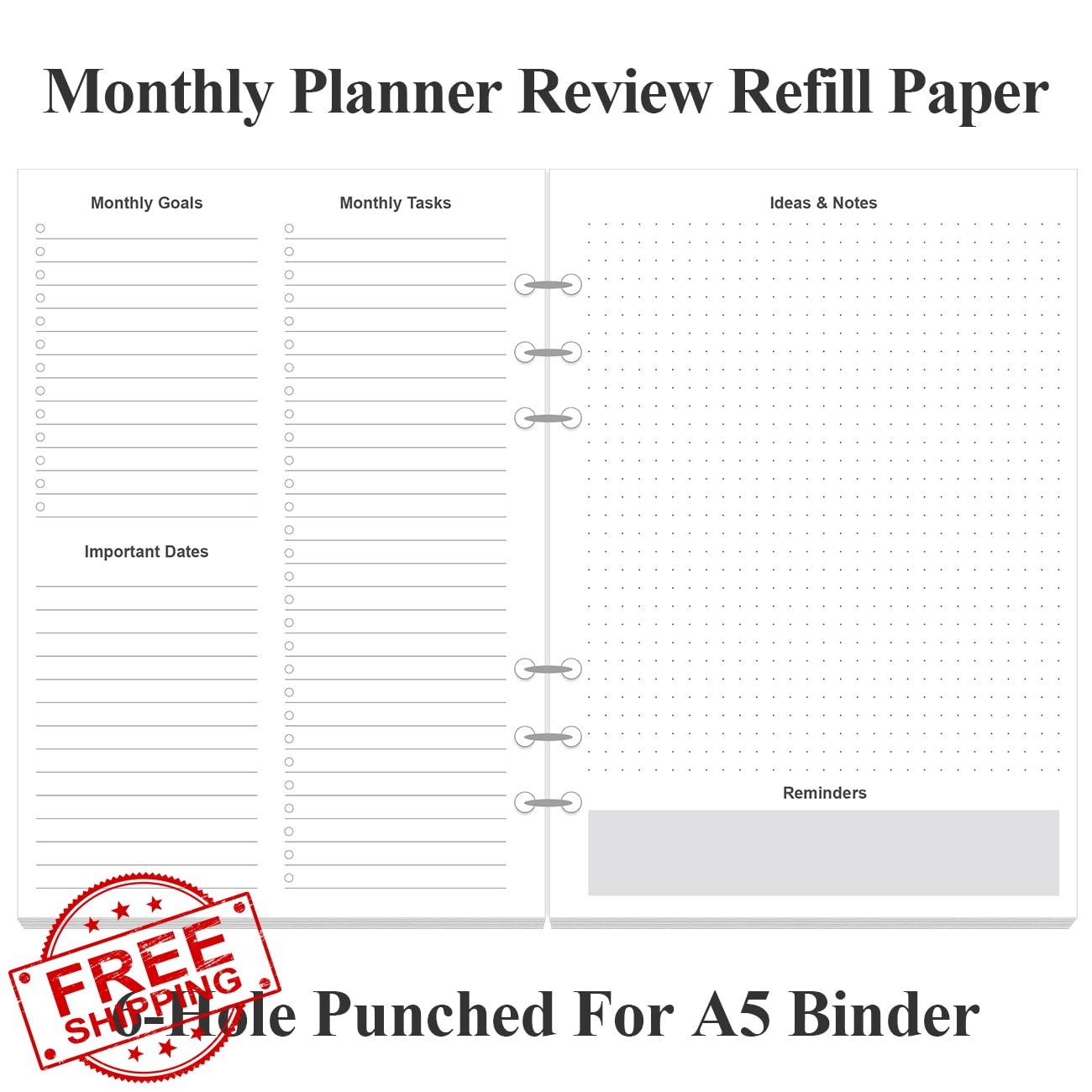 Yaridar 6-Hole Monthly Planner Refills