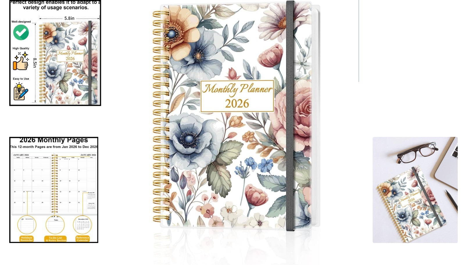 Chic A5 2026 Monthly Planner with Holiday Markers – Inner Pocket & Elastic Band