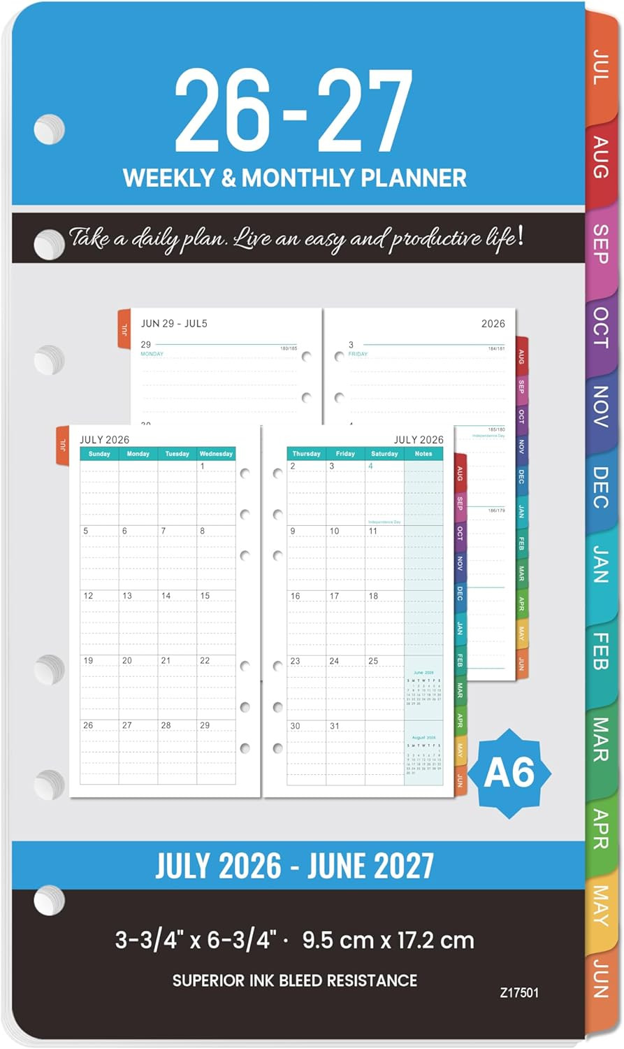 2026-2027 Planner Refills – 4″ X 7″, A6 Weekly and Monthly Planner Inserts, Jul.