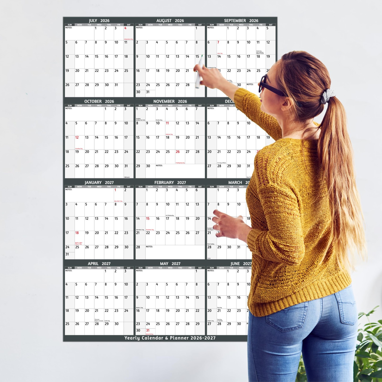 Dry Erase Calendar 2026-2027 – Large Yearly Wall calendar, 38.2” x 25.2”,…
