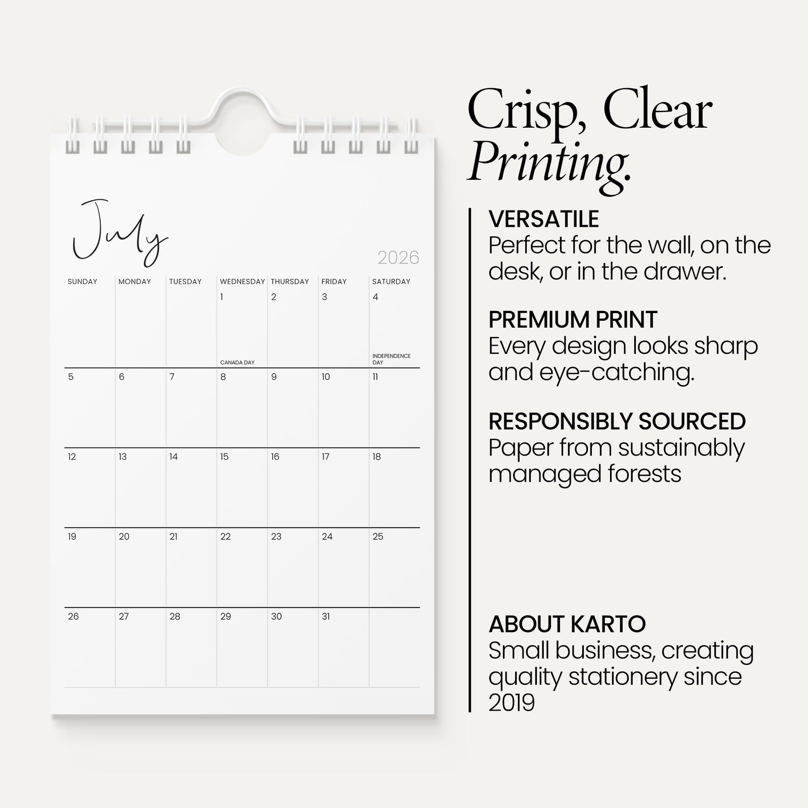 Karto Small Wall Calendar 2026 – Vertical 6×9 inch January Small, Minimalist