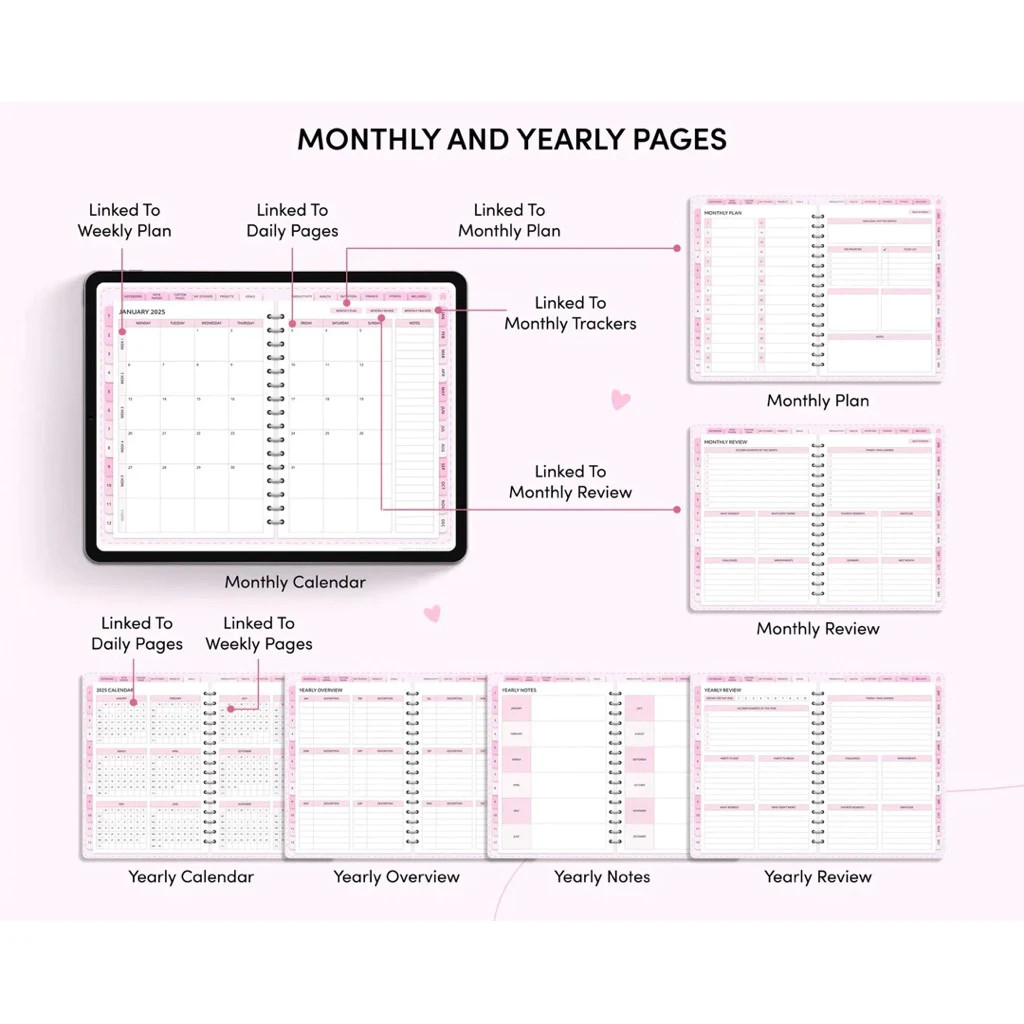 [NEW] 2026 All in One Digital Planner Undated Rose Pink | Hyperlinked & Goodnote