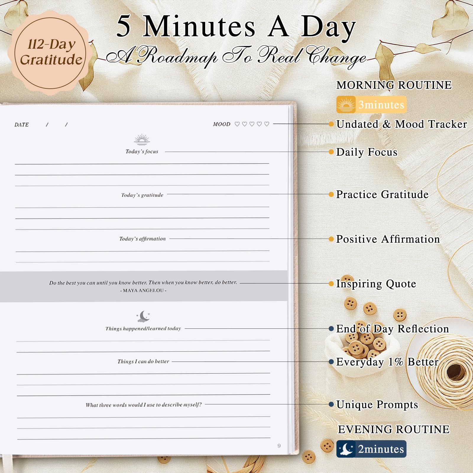 Lanpn Daily Gratitude Journal for Woman Men, 4 Month Mindfulness & Beige