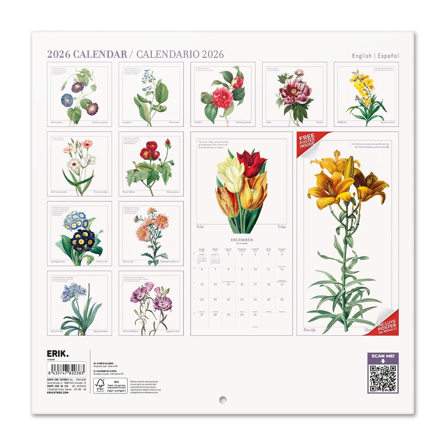 Botanical Wall Calendar 2026 12″ x FSC® Plastic Flowers 2026
