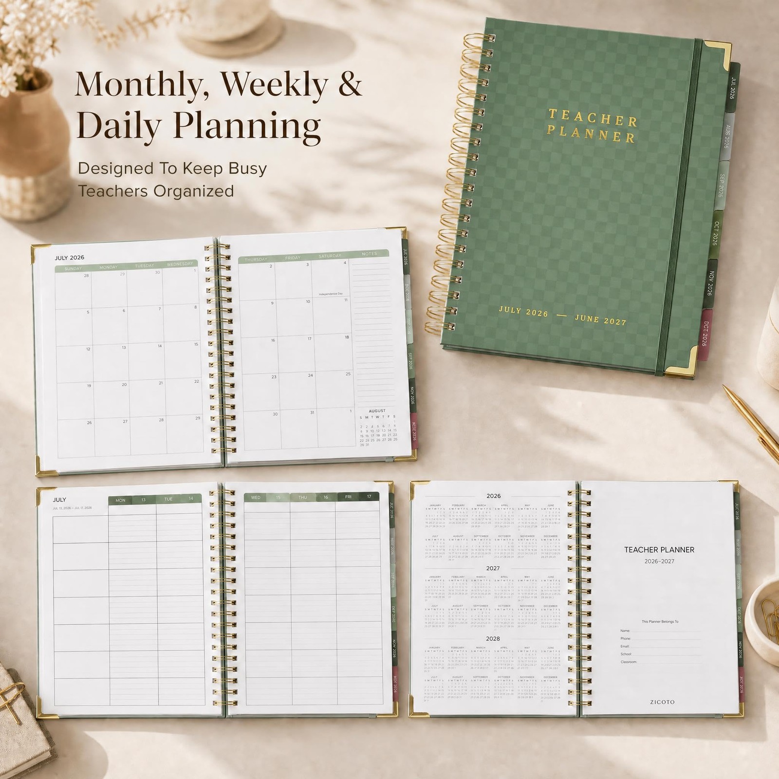 Aesthetic Teacher Planner For The 2026-2027 Academic 8.5 x 11 inches, Sage