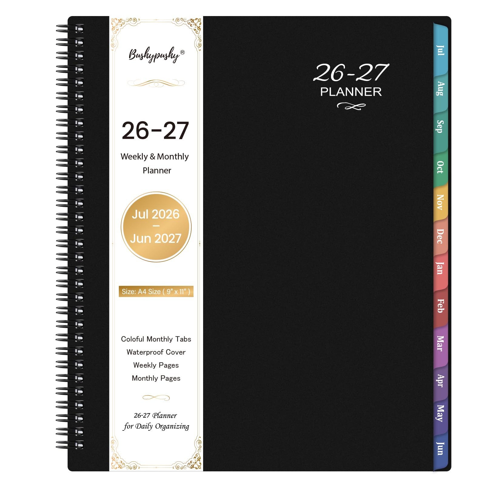 2027 Weekly Monthly Planner 9×11 Black Waterproof Cover Colorful Tabs