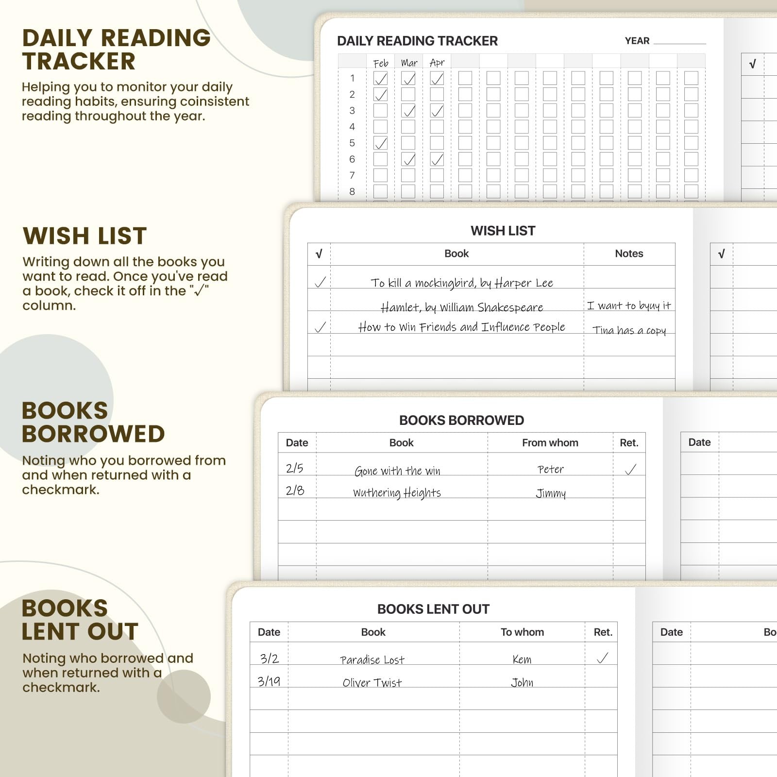Reading Journal 80 Reviews 5 Bookmarks Log Tracker 220 Pages A5 Khaki Book