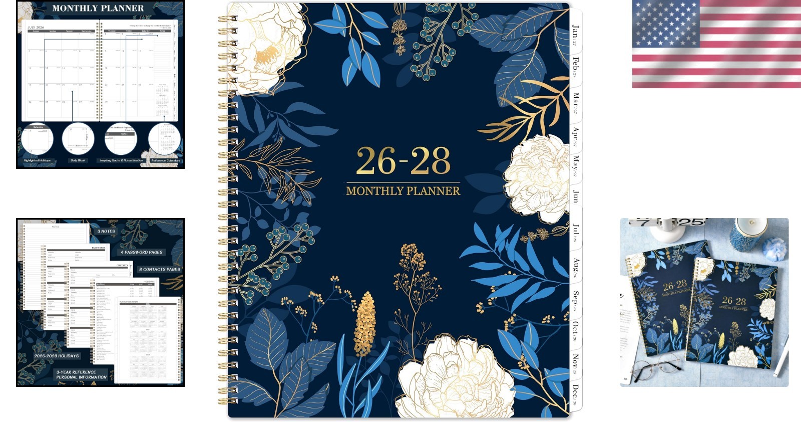 2026-2028 Monthly Planner: 11″ x 9″ Academic Calendar with Tabs & Back Pocket