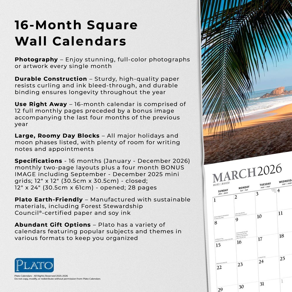 Beaches | 2026 12×24″ (Hanging) Monthly Square Wall Calendar