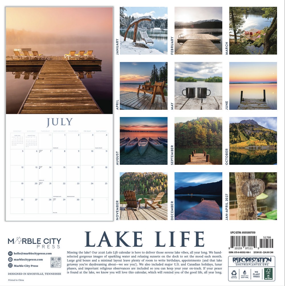 Lake Life Calendar 2026 | 12″ x 24″ Lakeside Living 12 Month | Marble City Press