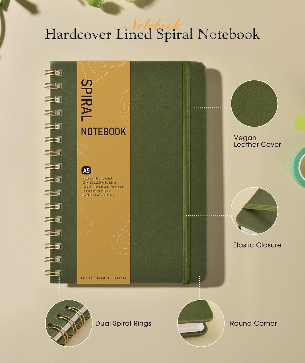 Graph Spiral Journal Notebook, A5 Hardcover Spiral Journals for Women Men, 100 G