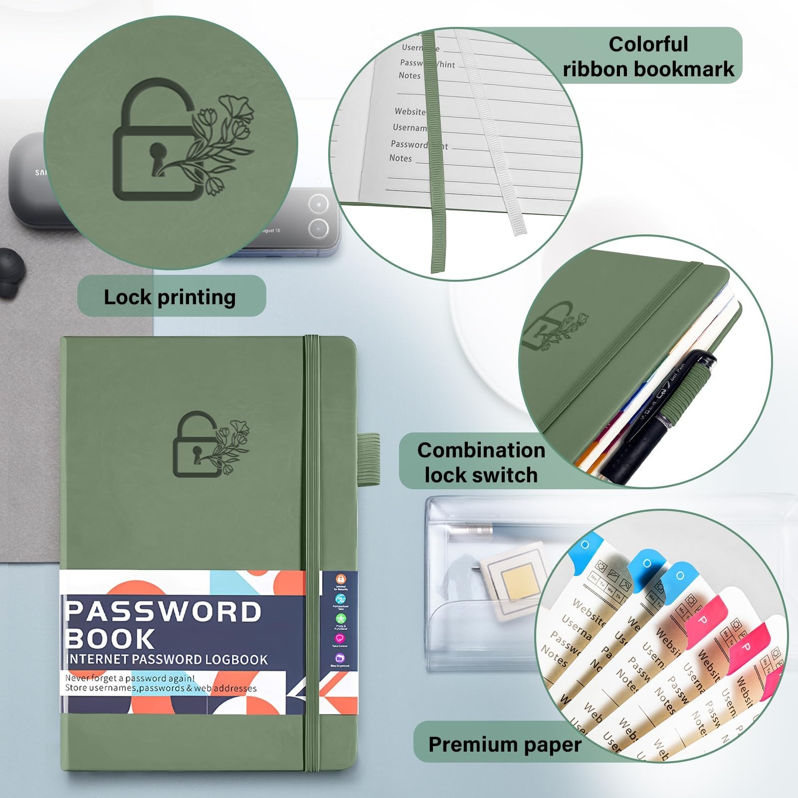 Colorful Password Keeper Log Book with Tabs – 200 Pages Password Organizer Noteb