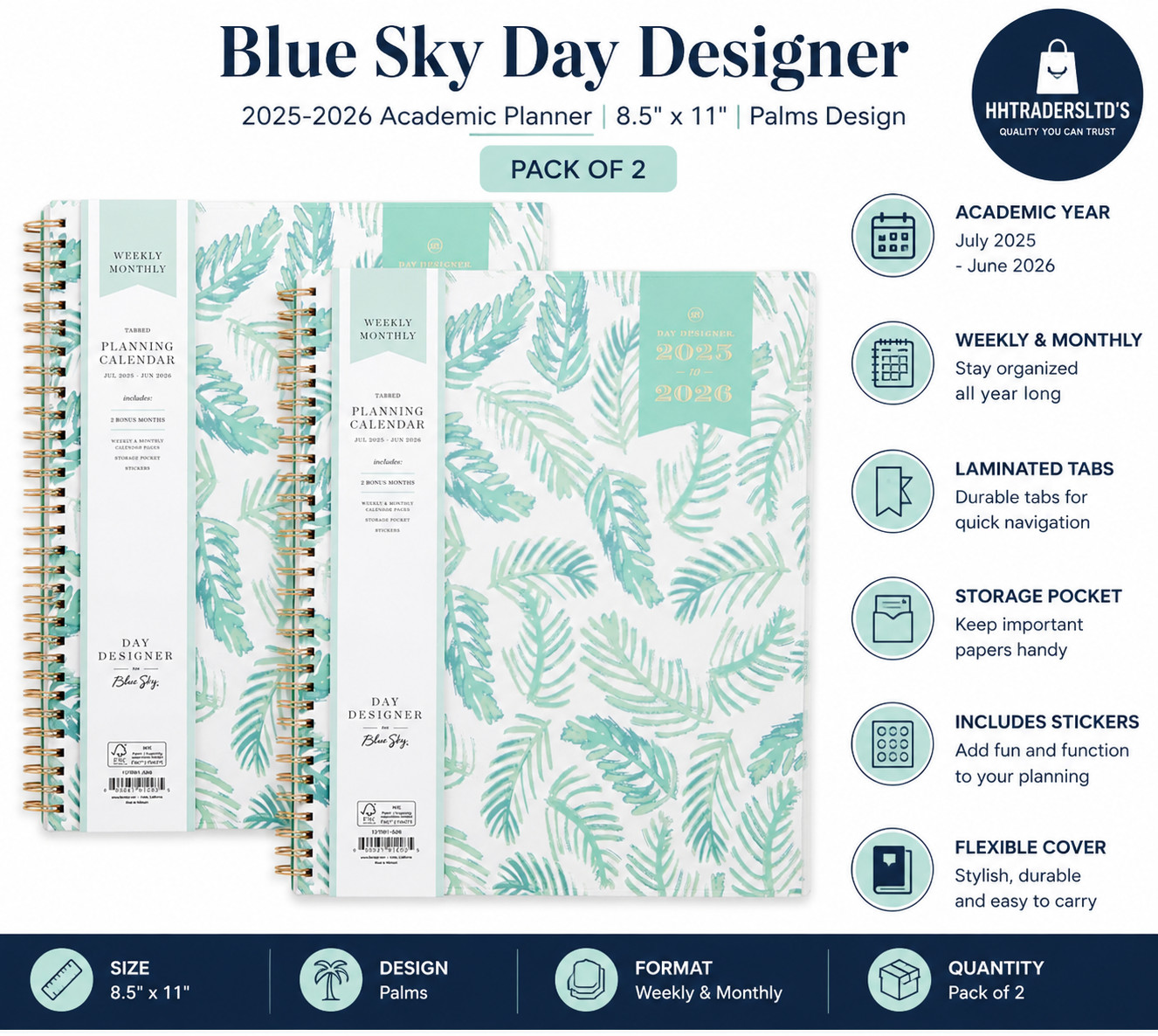 Blue Sky Day Designer 2025-2026 Academic Planner 8.5×11 Palms 2 Pack