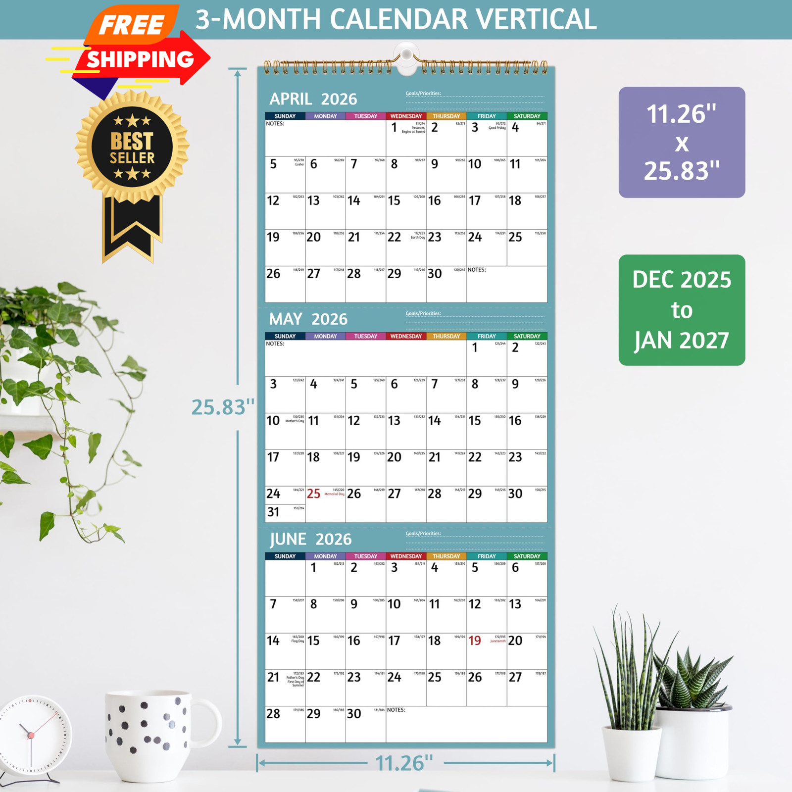Wall Calendar 2026-2027 – 3 Month Vertical, Apr 2026 -…