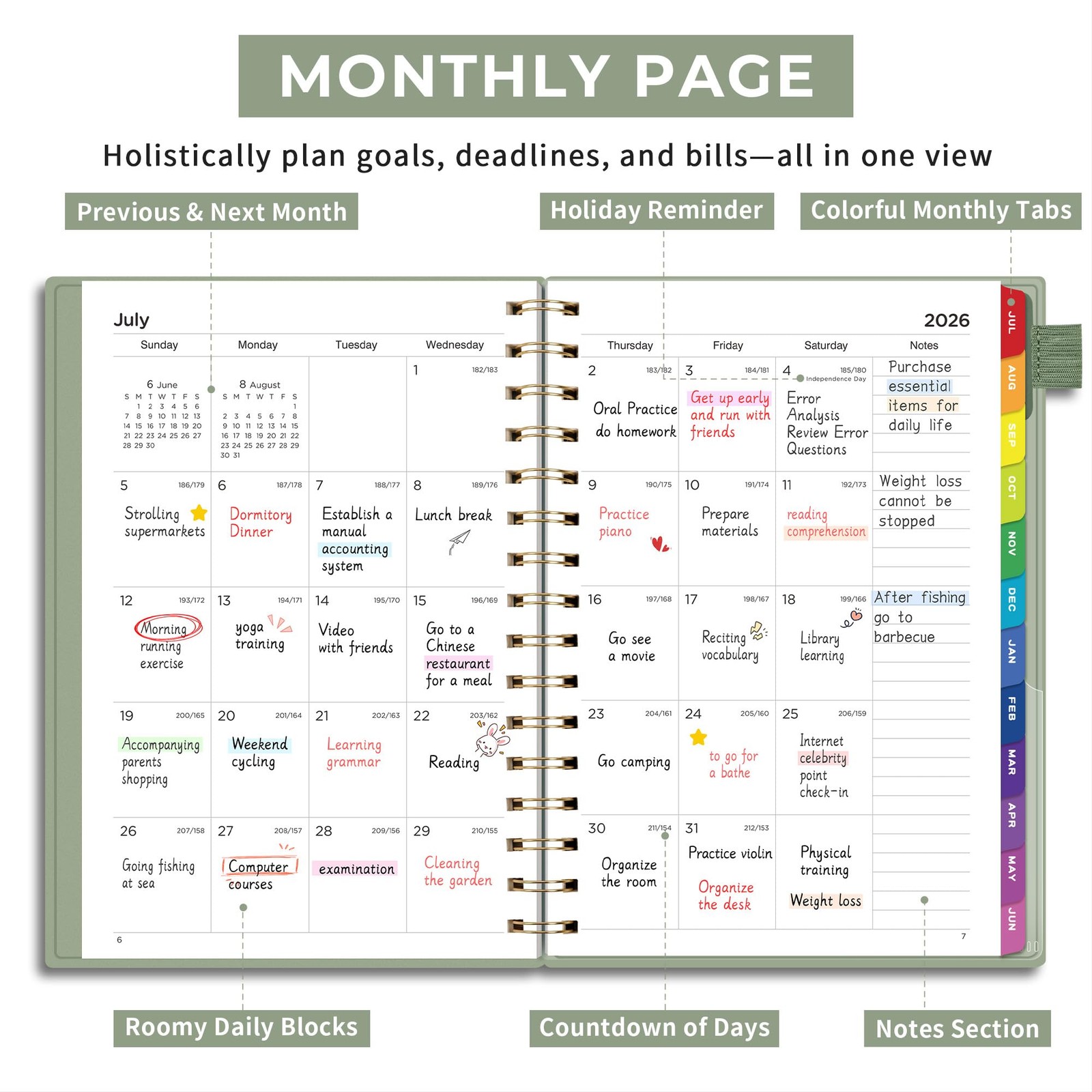 EMSHOI Academic Planner 2026-2027, Weekly and Monthly A5, Light Green