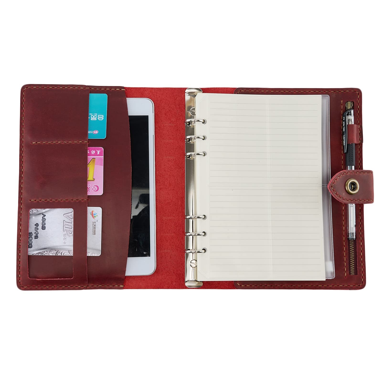 System Notebook A5 Leather Mini 6-Hole Ring Binder Notebook Leather Cover Red