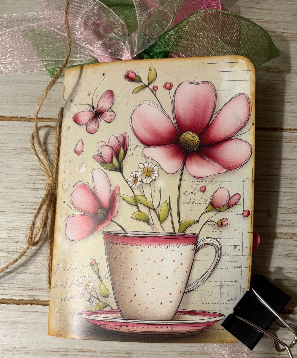 Junk Journal Handmade Booklet Book Vintage “Pink Garden” Pockets, Ephemera