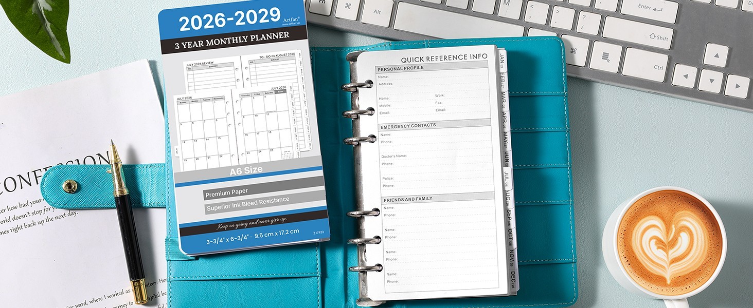 A6 Planner Refills 2026-2029 – 3-Year Monthly Inserts with Tabs, 6-Hole Punched