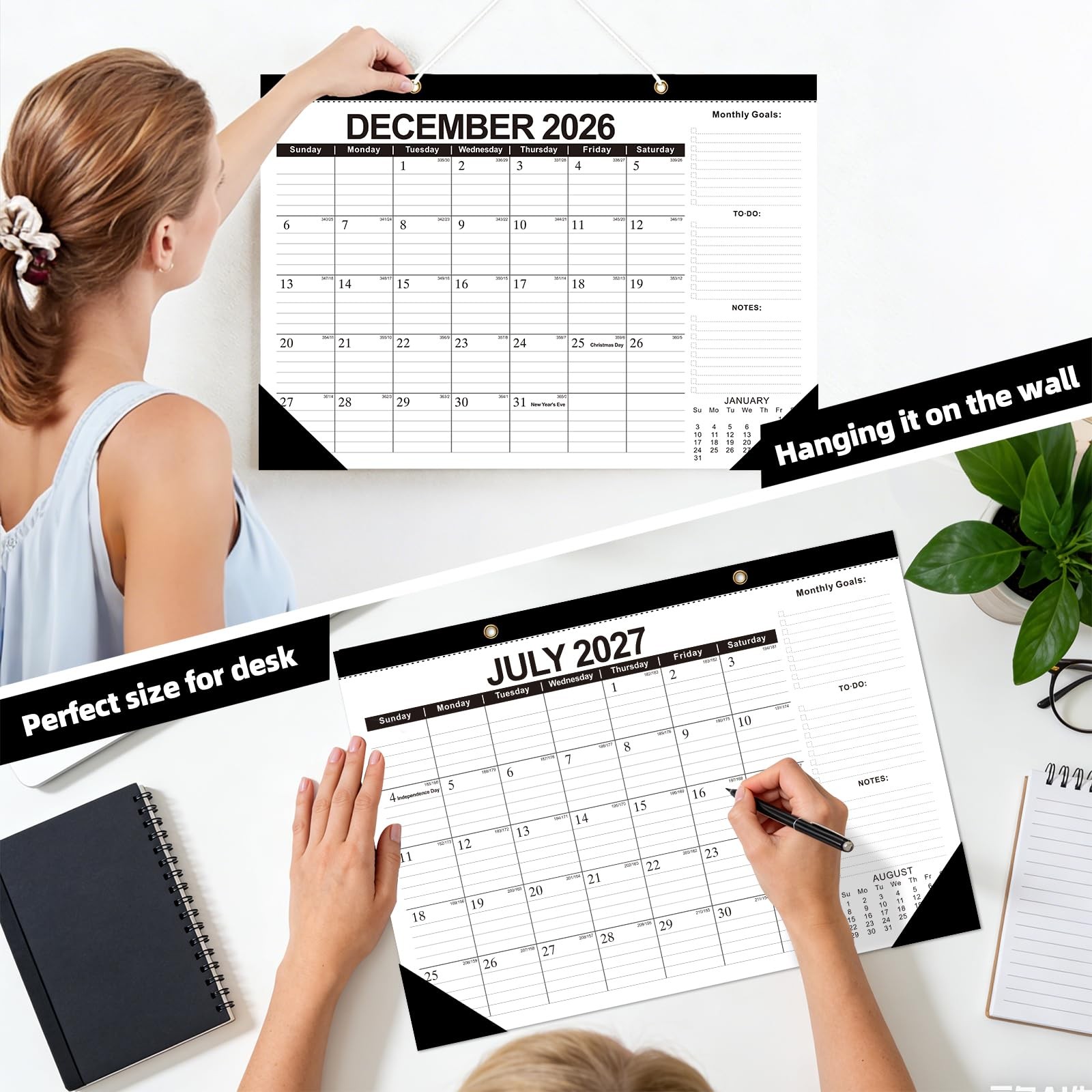 ZTX Desk Calendar 2026-2027 Wall 17″x12″Jul.2026-Dec.2027, Black