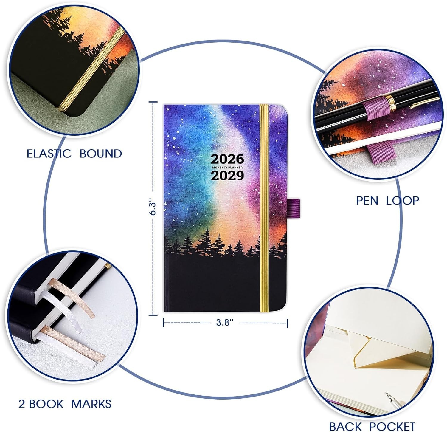 Portable 36- Planner 2026-2029: Inner Pocket & Pen Holder Included