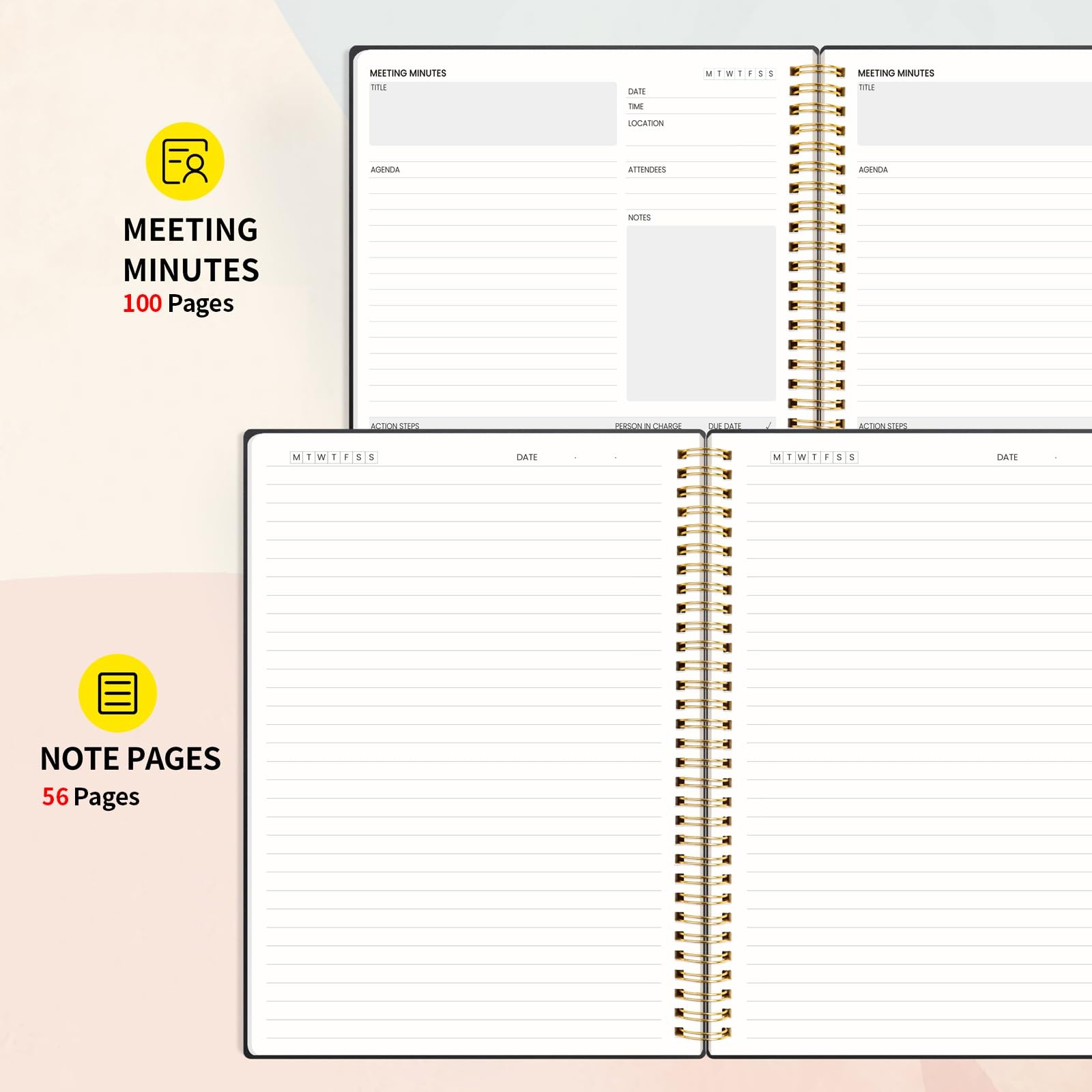 SUNEE Meeting Notebook for Work with Sticky Tabs – 160 Pages, 8.5″x11″, Black