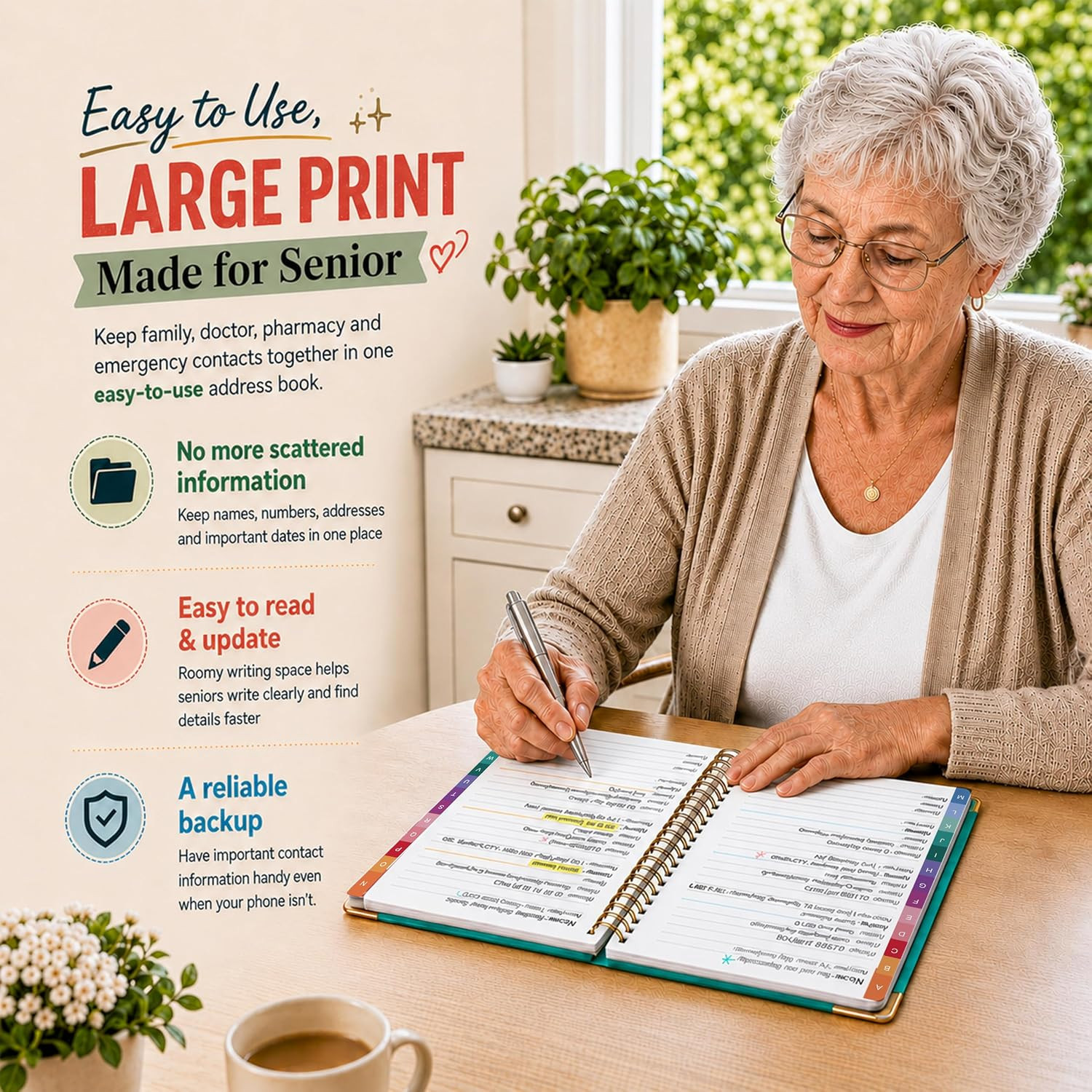 Address Book with Colorful Alphabetical Tabs, 5.8″x8.4″ | Large Print for Senior
