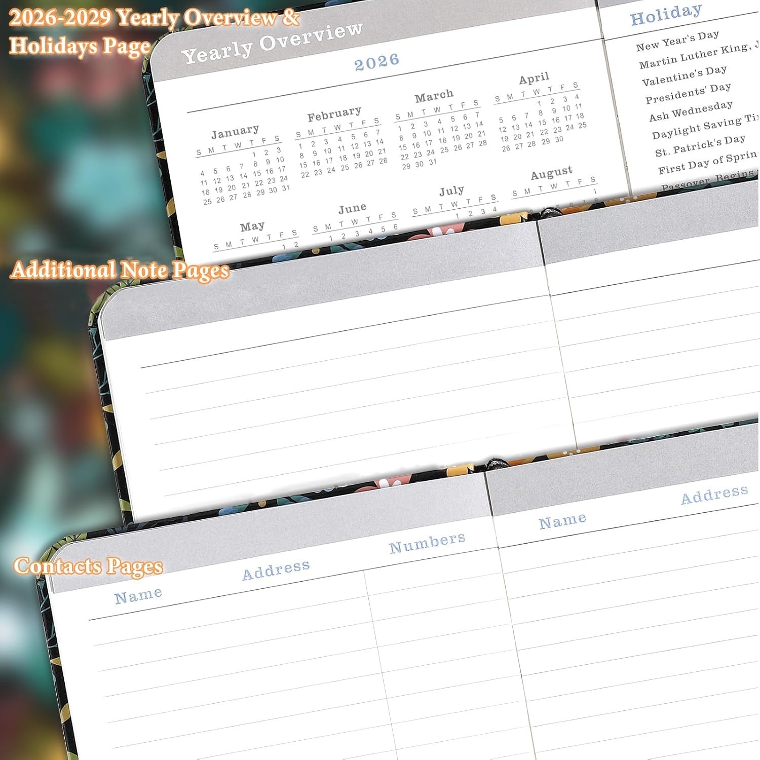 Versatile Monthly Organizer 2026-2029 with Pen Holder & Holiday Highlights