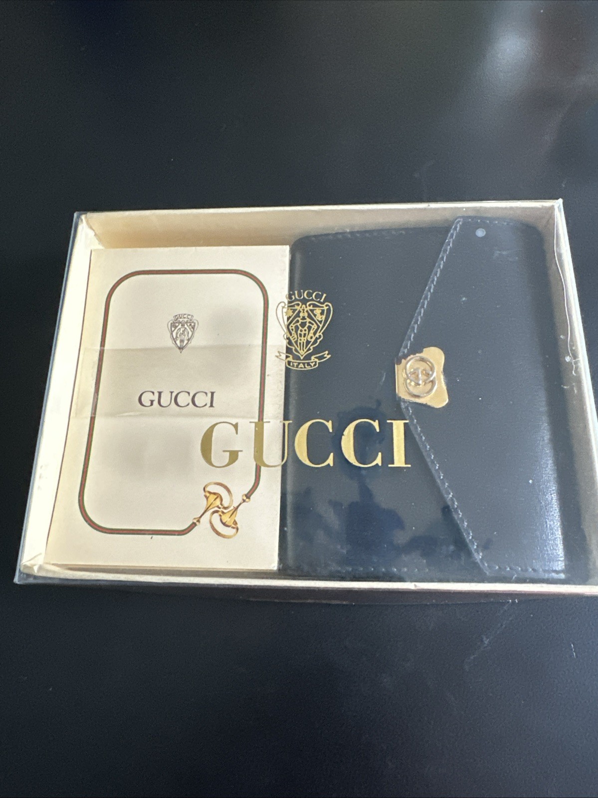 Vintage GUCCI Black Leather Pocket Diary Notebook Cover Set Pen Box Crest Rare