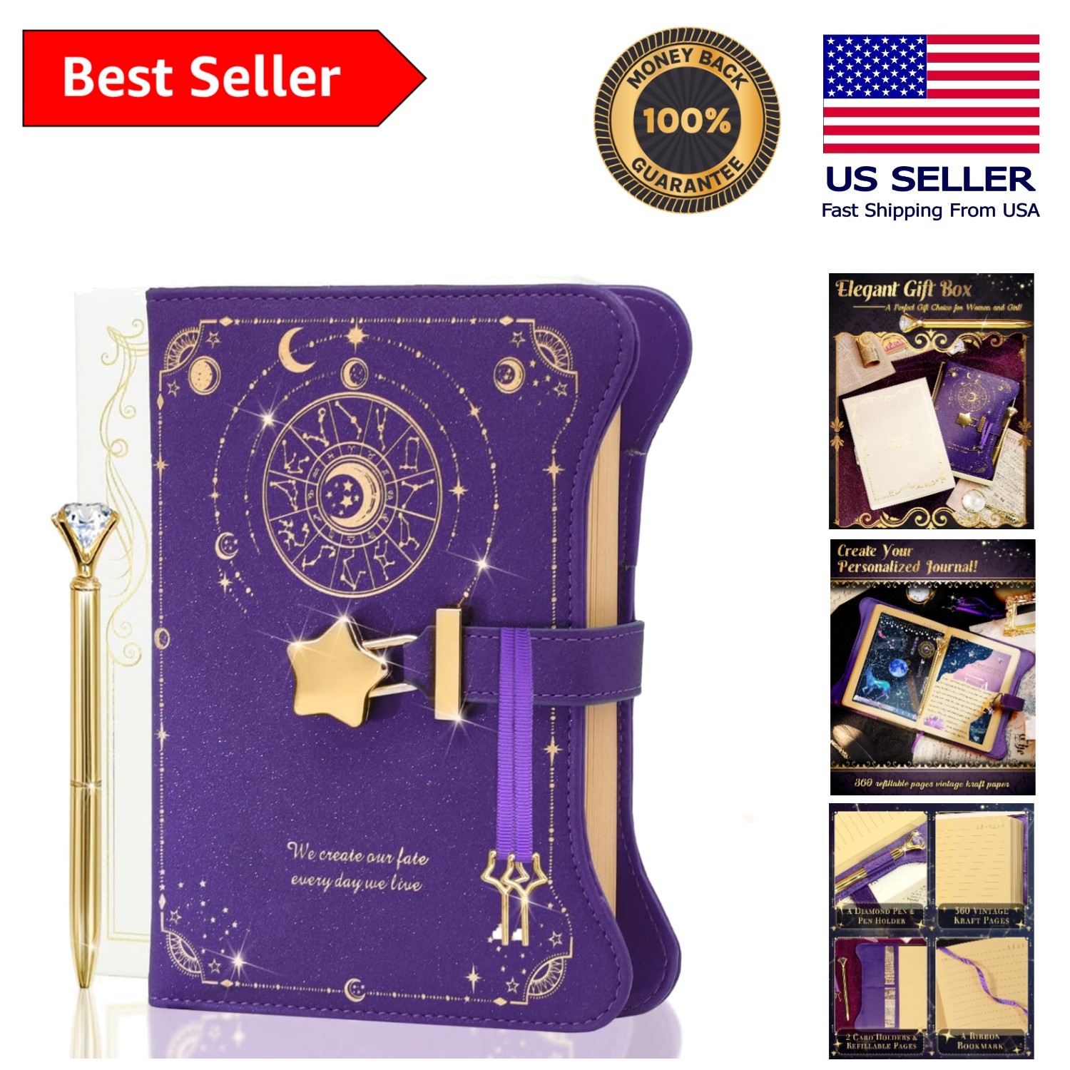 Enchanting Gold-Foiled Constellation Journal for Women – 360 Refillable Pages