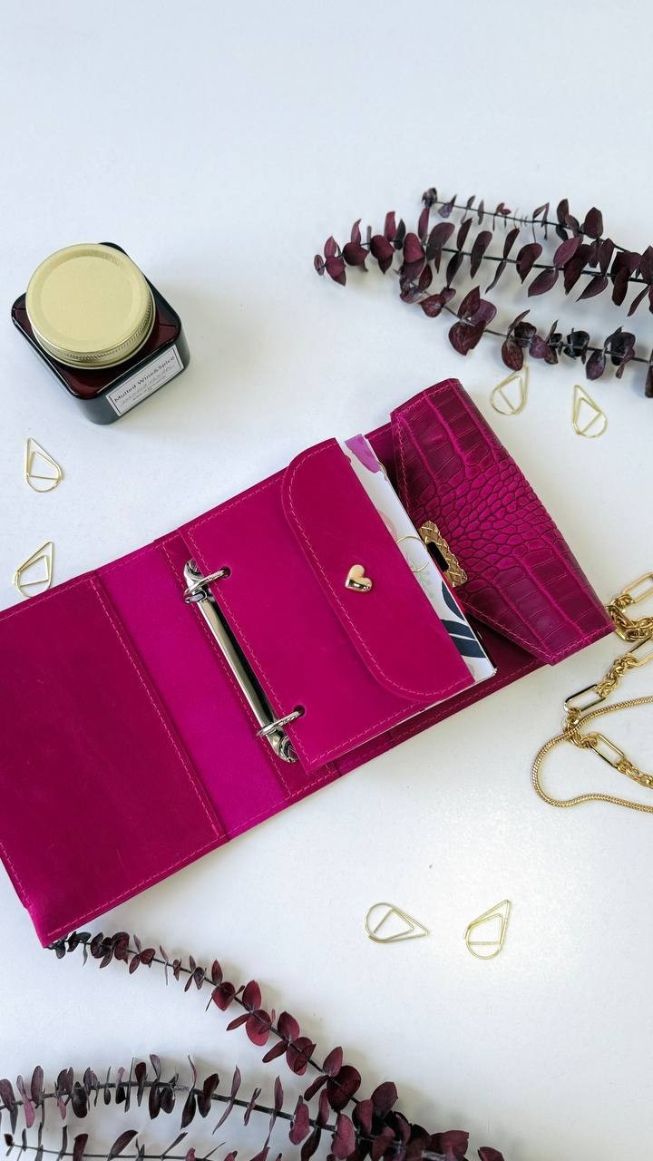 Pink leather notebook cover A7 binde rings mini wallet. Dated planner gift.