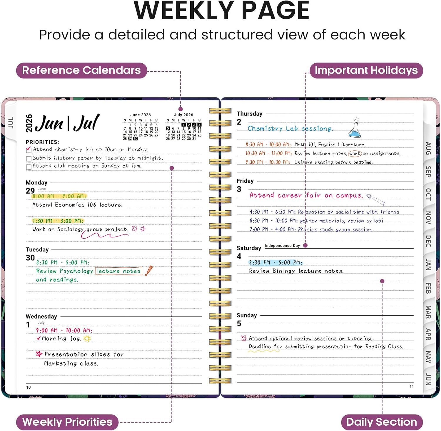 Planner 2026-2027, Academic Monthly and Weekly Calendar Planner for Women, July