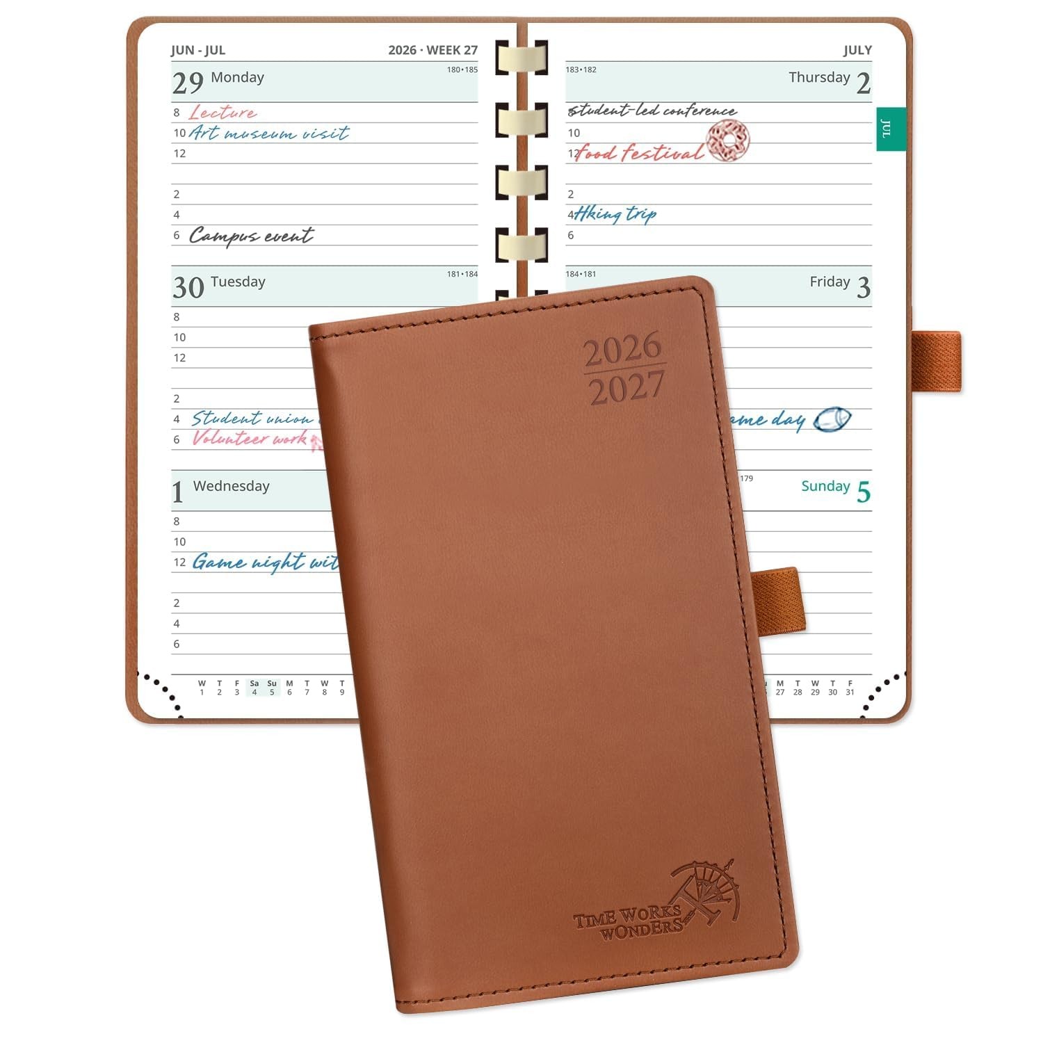2026 2027 Pocket Planner Purse Size Academic Hourly Soft Cover Brown 3.5×6.5