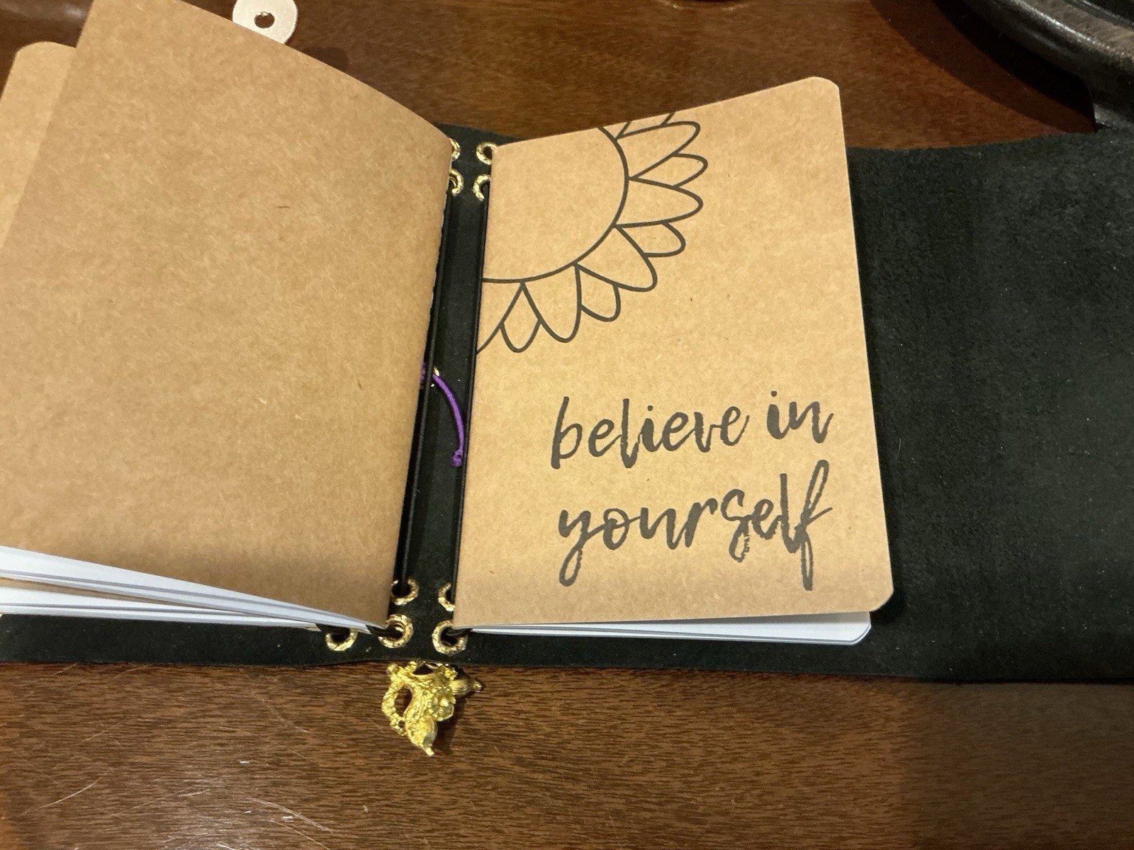 NEW Handmade Journal A6 Gold Hardware Purple Cord, pink druzy quartz charm