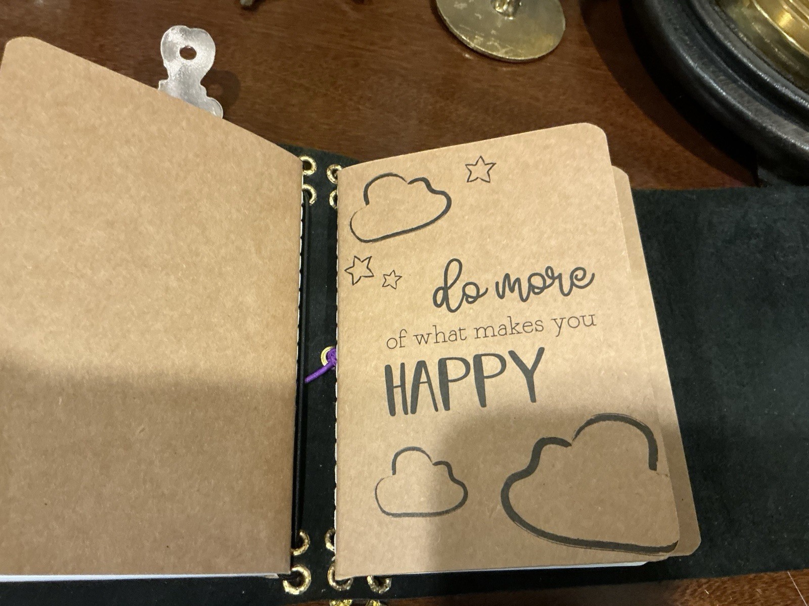 NEW Handmade Journal A6 Gold Hardware Purple Cord, pink druzy quartz charm