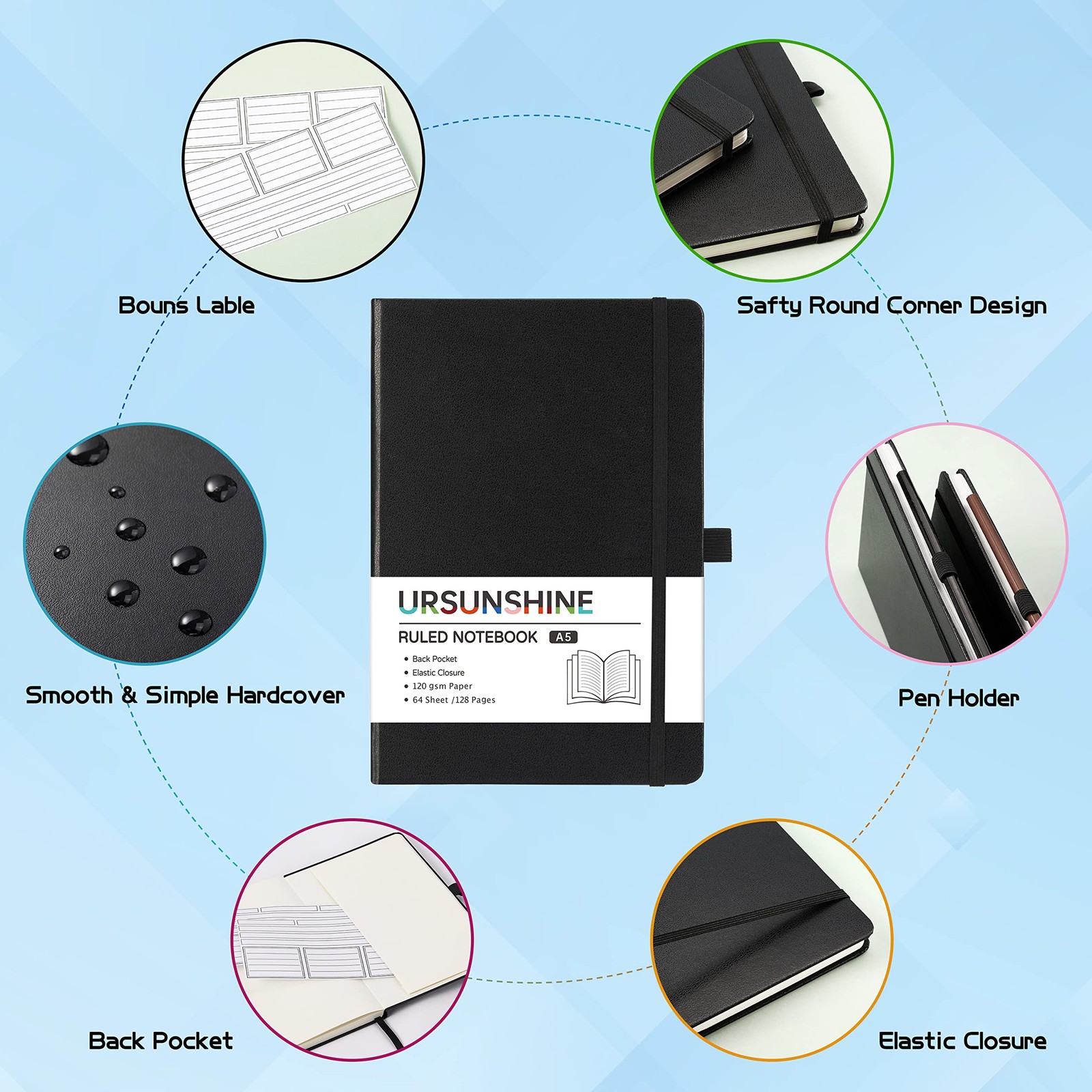 Ruled Notebook/Journal – Classic Lined Journal/Notebook, 5.3″ x Ruled, Black