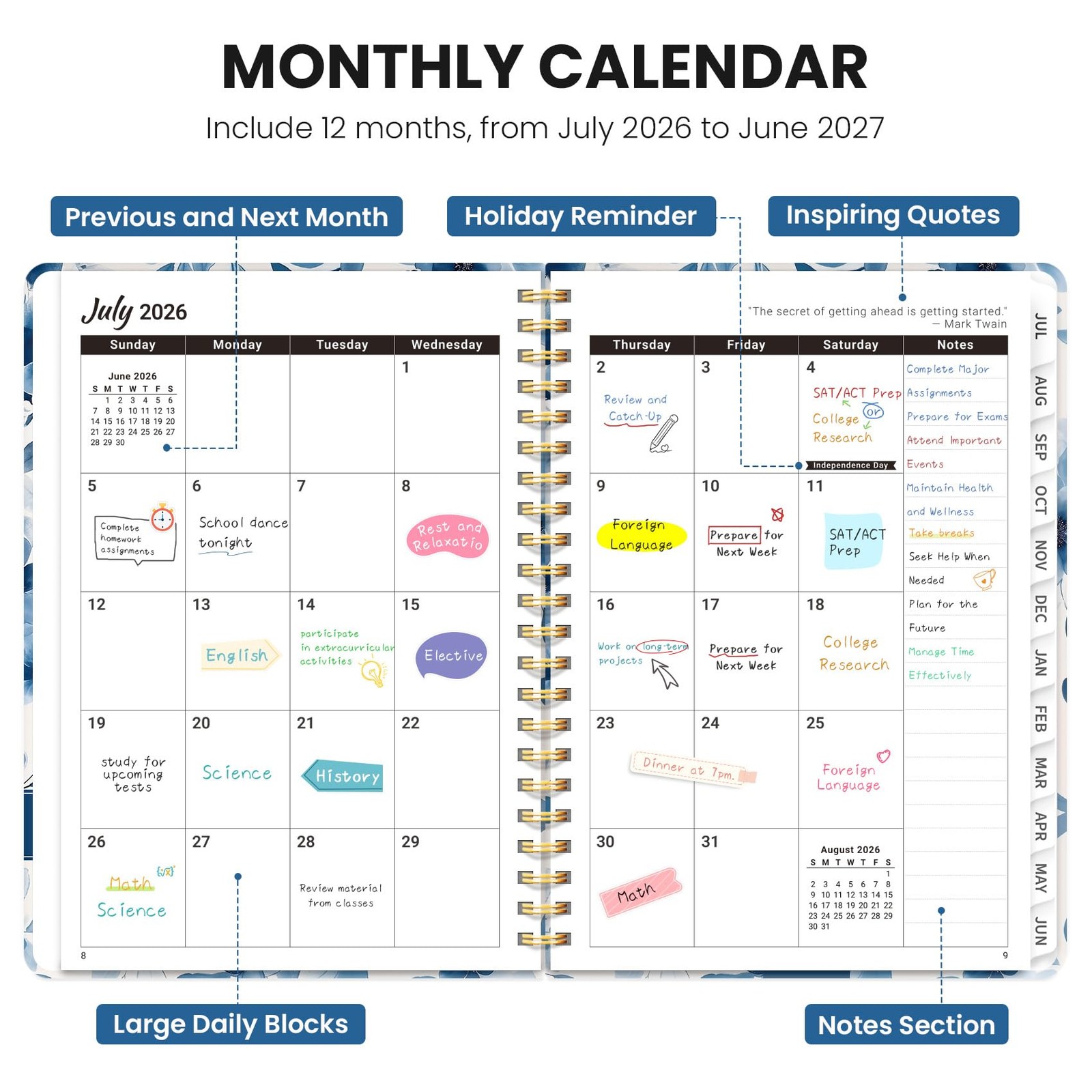 Planner 2026–2027, Academic Weekly 6.3″x8.5″ (A5), A-Watercolor Petal