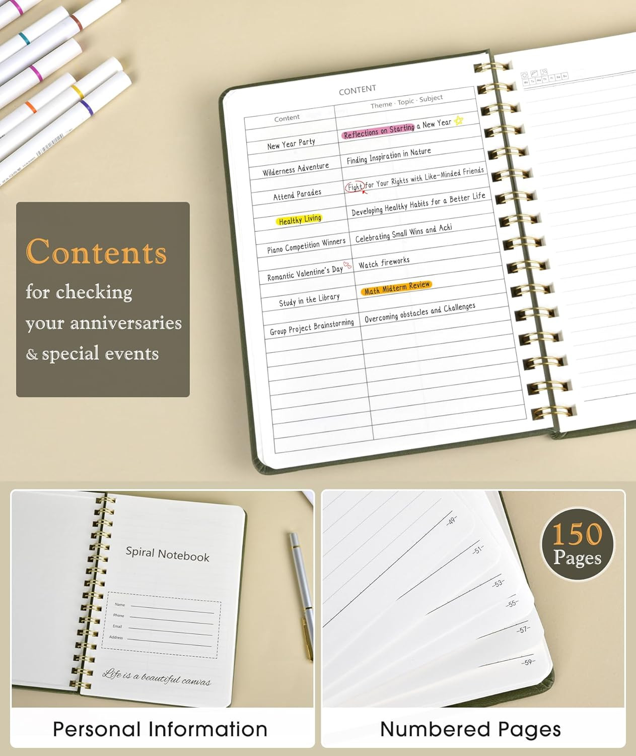 Lined Spiral Journal Notebook, A5 Hardcover Spiral Journals for Women Men, 150 N