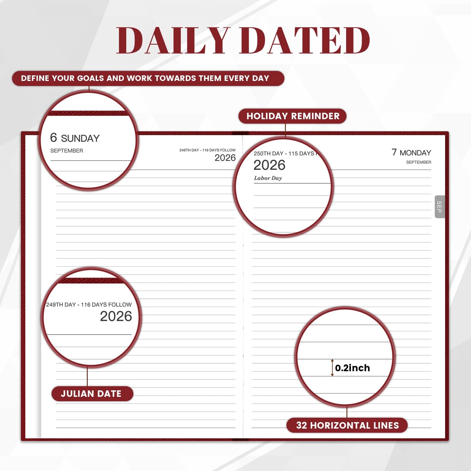 2026-2027 Diary – Full Page Per Day, Daily 5.8 x 8.4 inches, Red