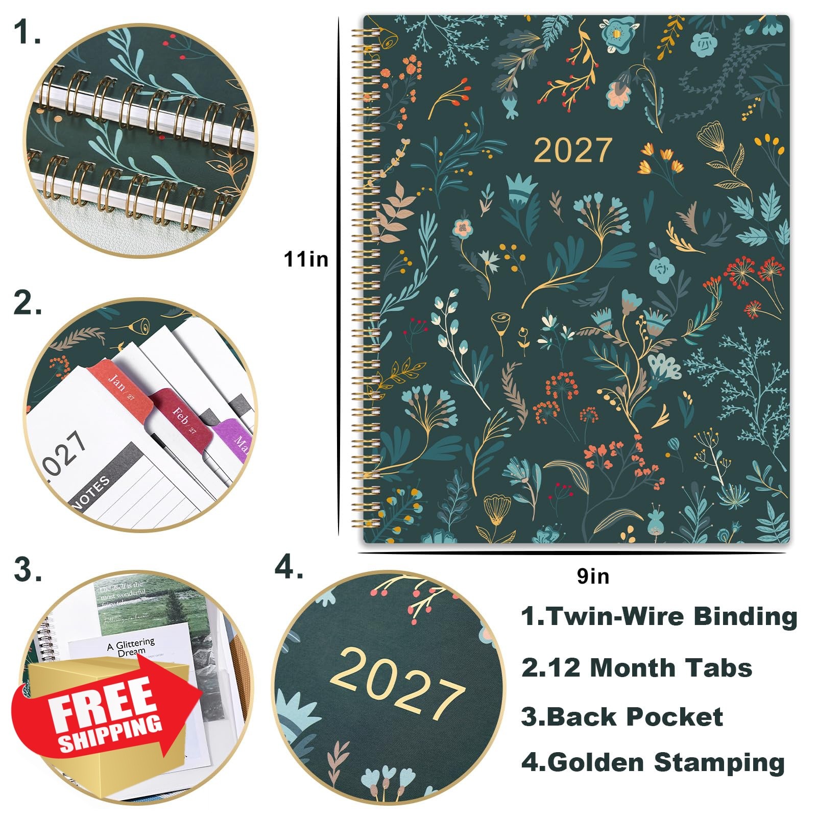 Artfan 2027 Planner Green 9×11 Monthly Tabs